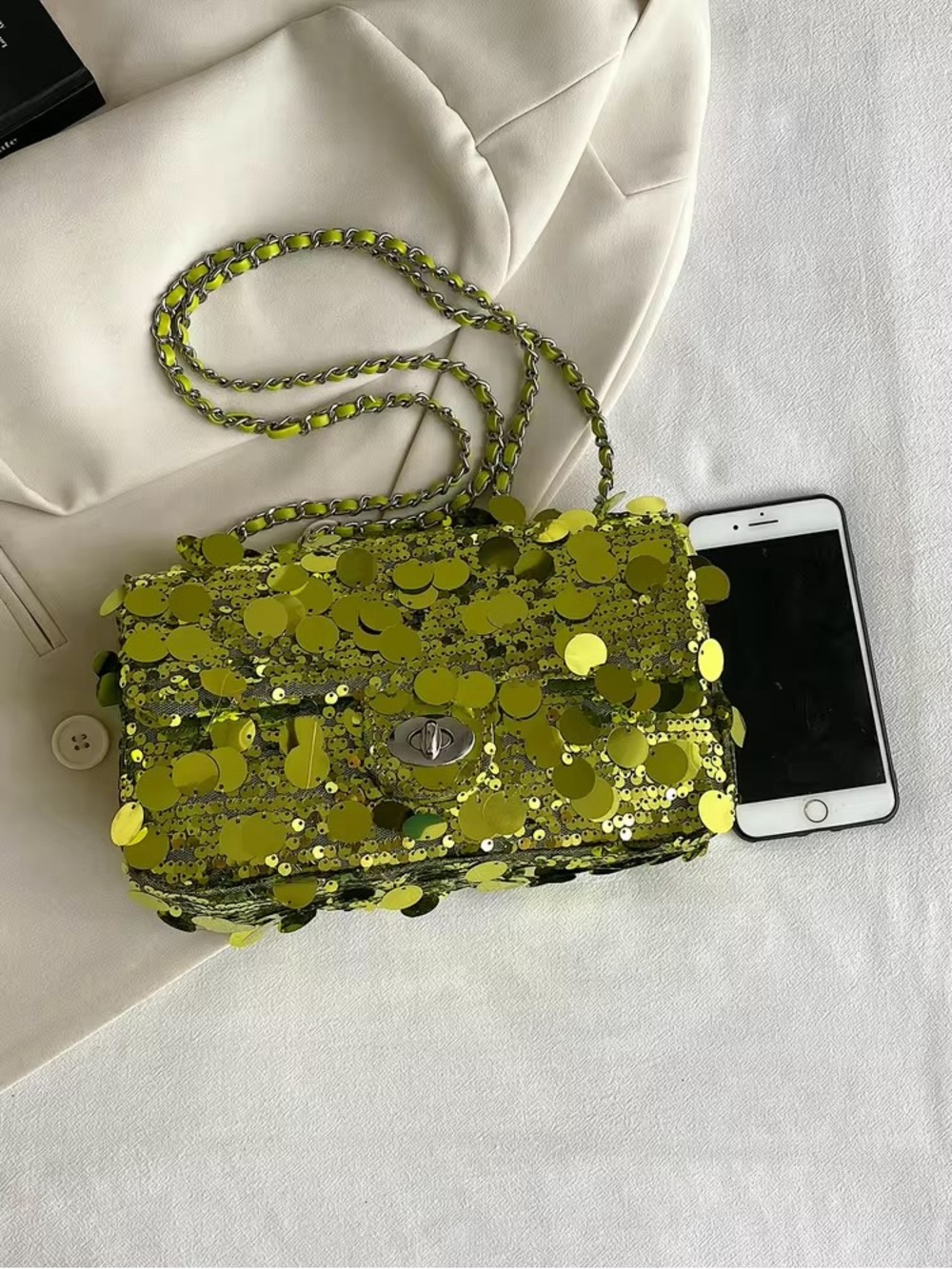 SHEIN Lime Green Sequin Chain Shoulder Bag - Picture 8 of 8